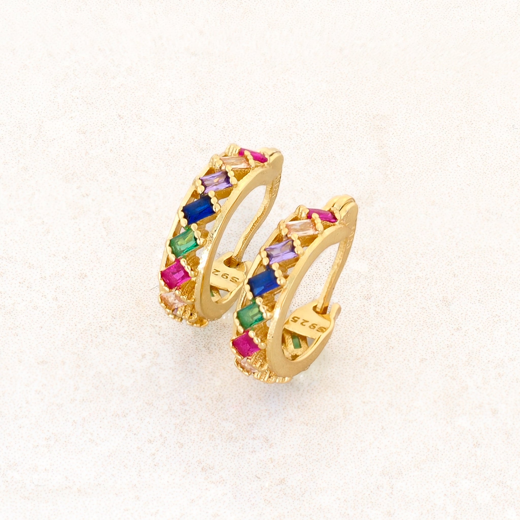 Rainbow Pride baguette hoop Earrings LGBT jewelry, right close