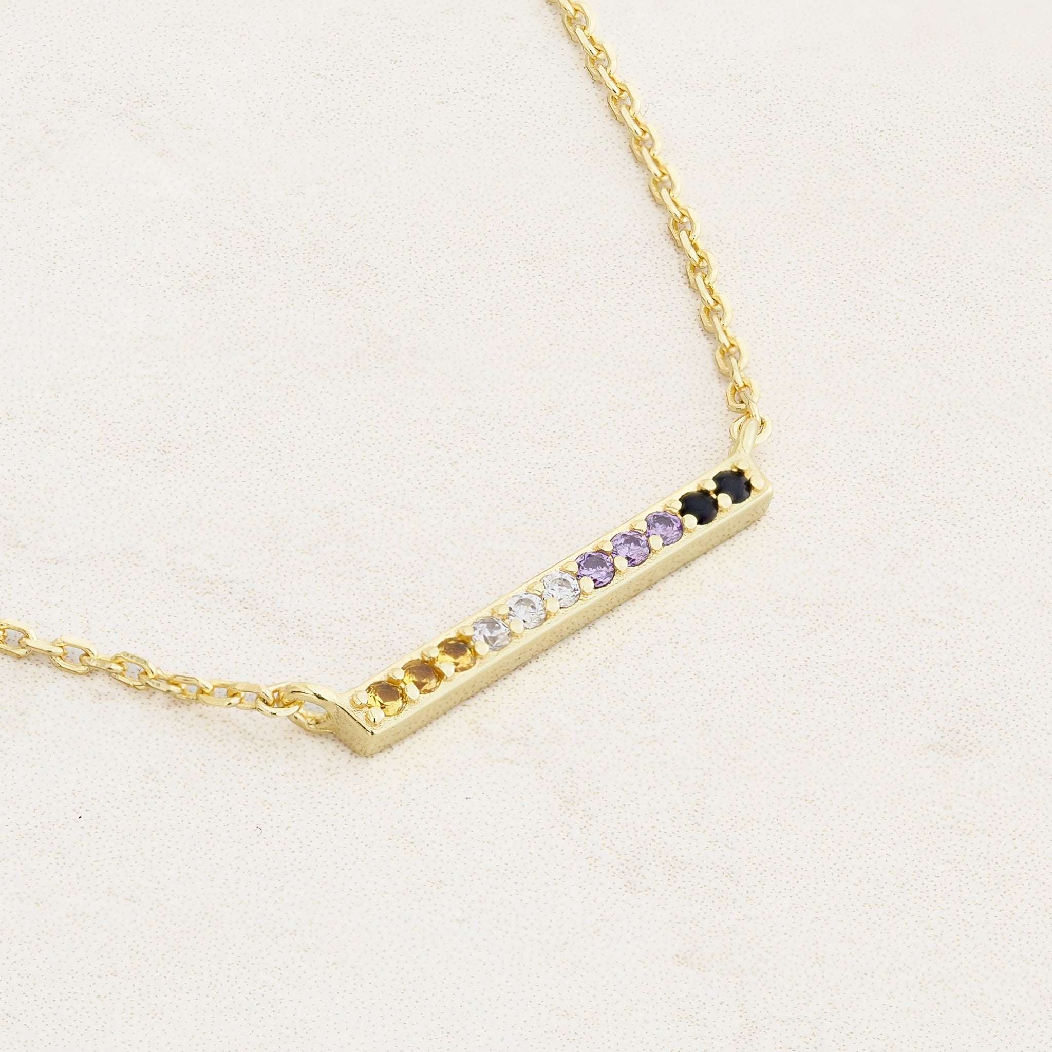 Non-Binary line necklace featuring colours of the Non-Binary flag, close up
