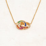 Rainbow Necklace featuring double ring elements and the colours of the rainbow LGBT pride flag, close