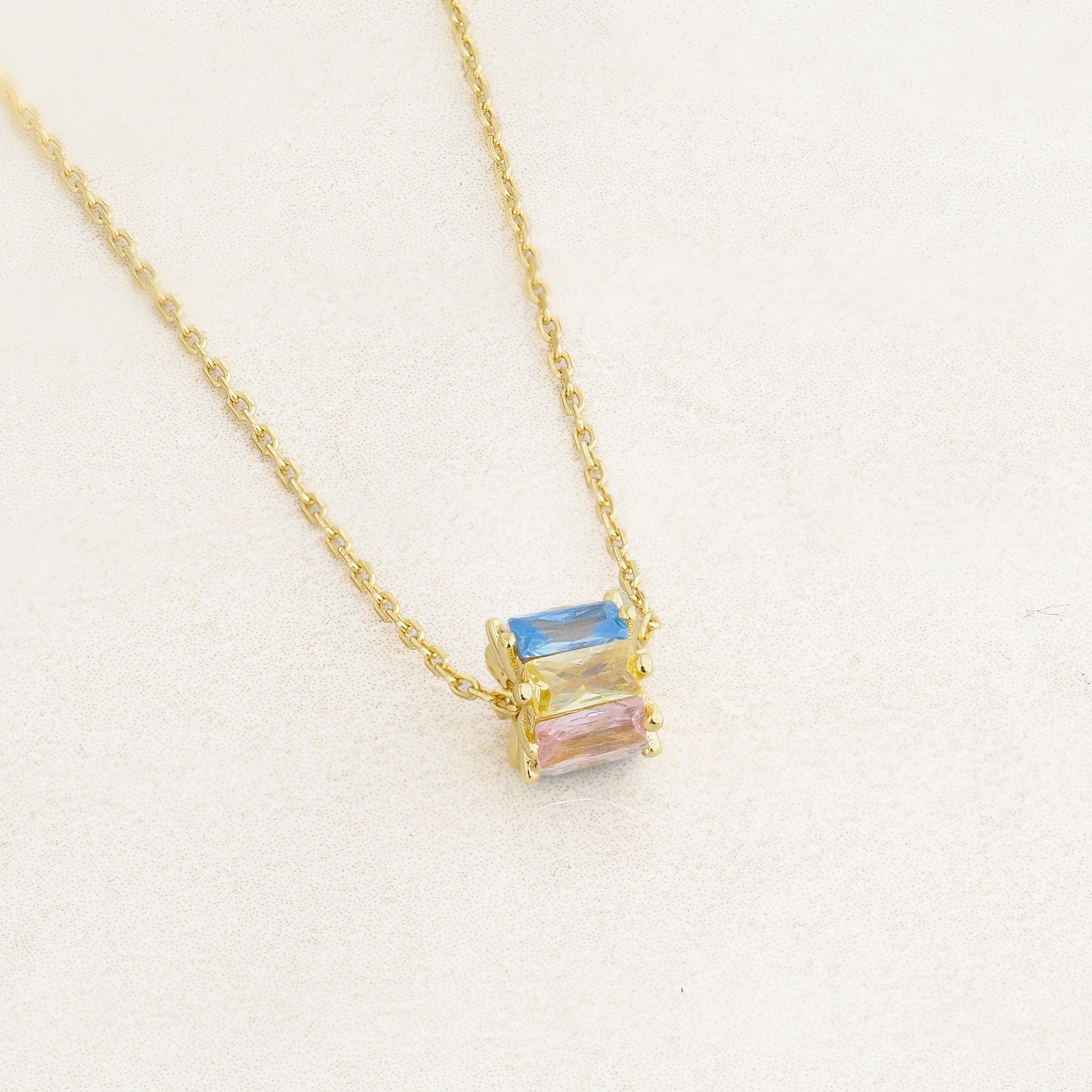 Pansexual revolve necklace featuring colours of the Pansexual flag, close