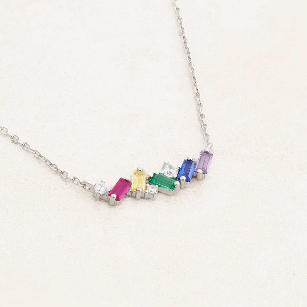 Rainbow Collision Necklace featuring rainbow colours from the LGBT pride flag, white gold side