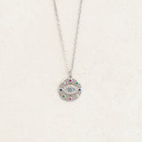 Evil eye and rainbow themed necklace as part of pride jewelry collection - front silver shot