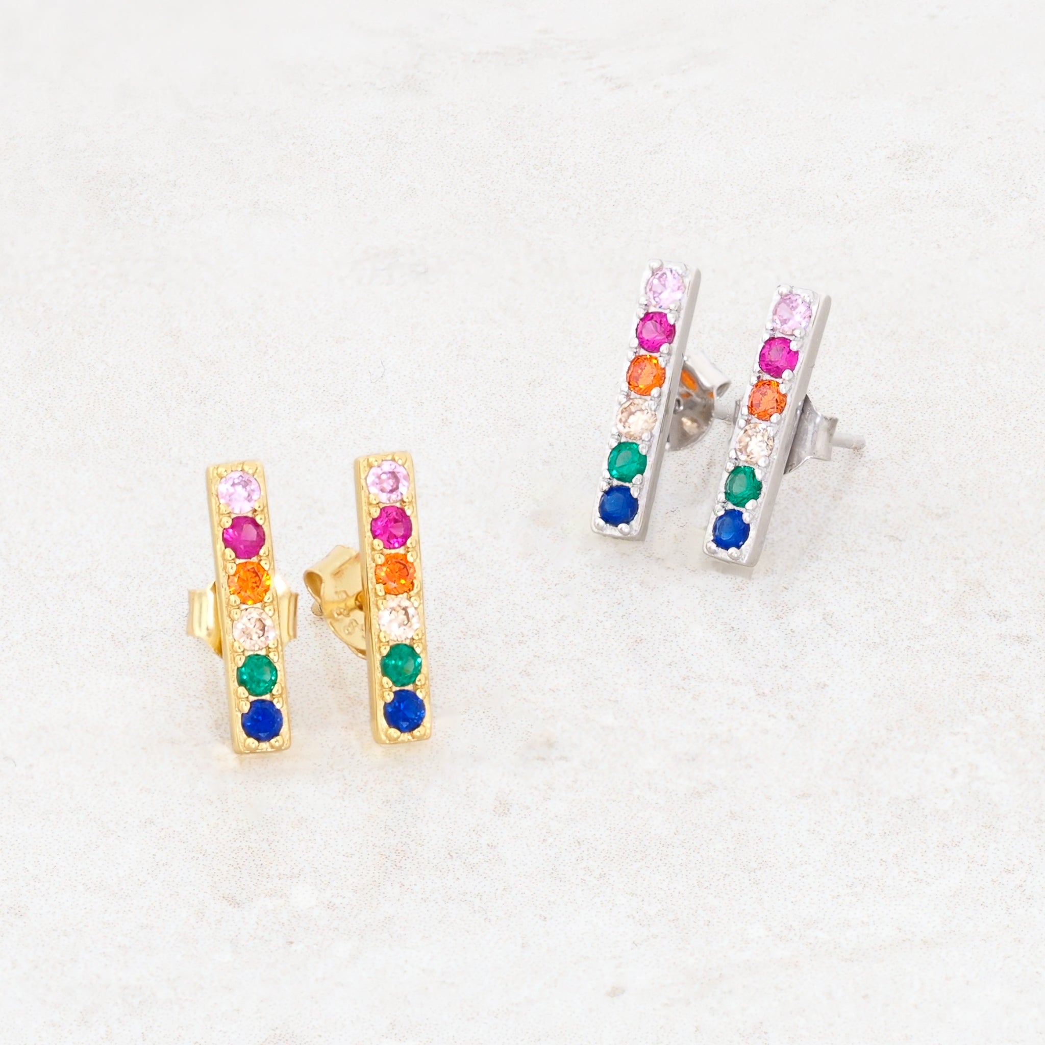 rainbow earrings, LGBT earrings, pride earrings, bar stud style, gold and silver