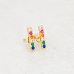 rainbow earrings, LGBT earrings, pride earrings, bar stud style, gold