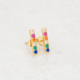 rainbow earrings, LGBT earrings, pride earrings, bar stud style, gold