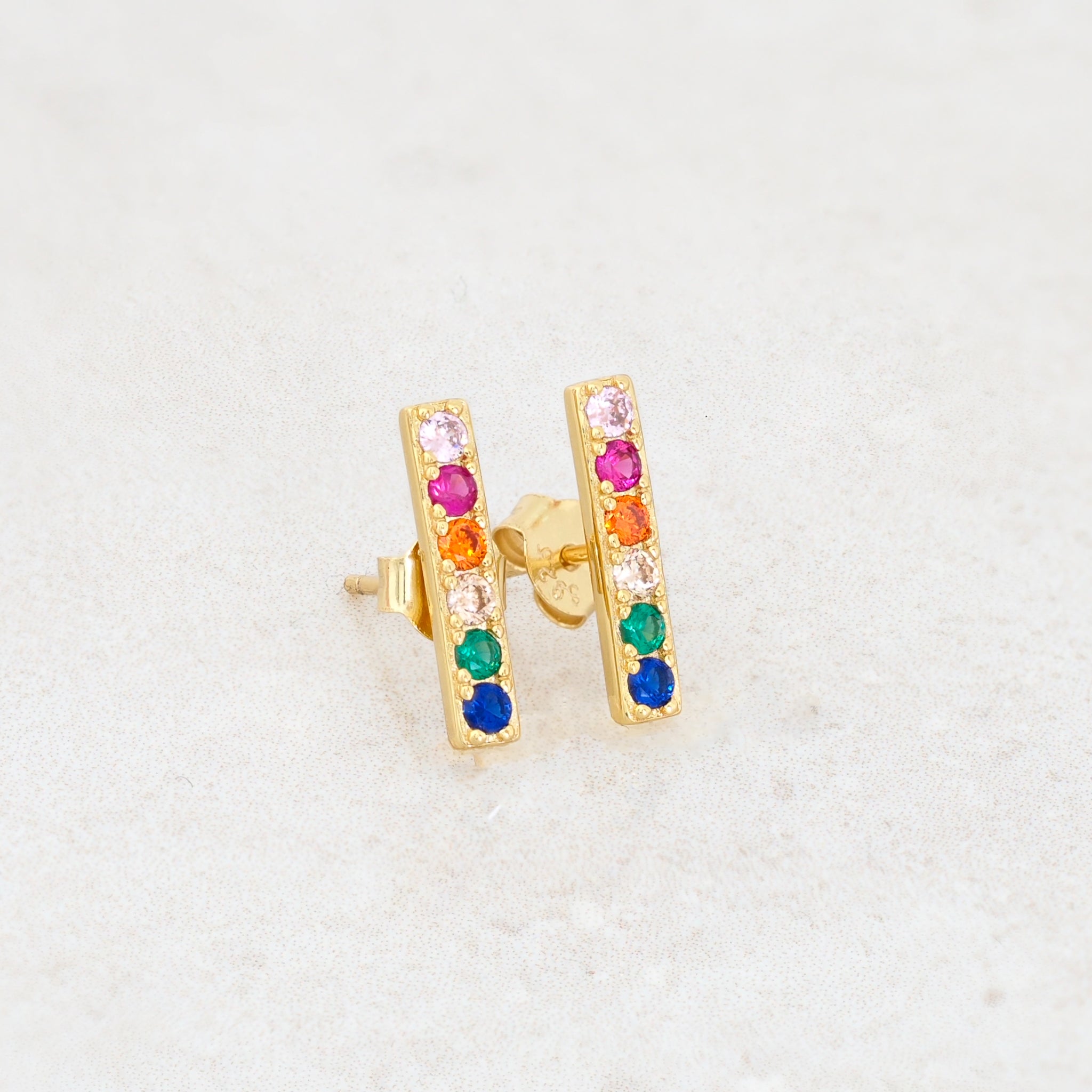 rainbow earrings, LGBT earrings, pride earrings, bar stud style, gold