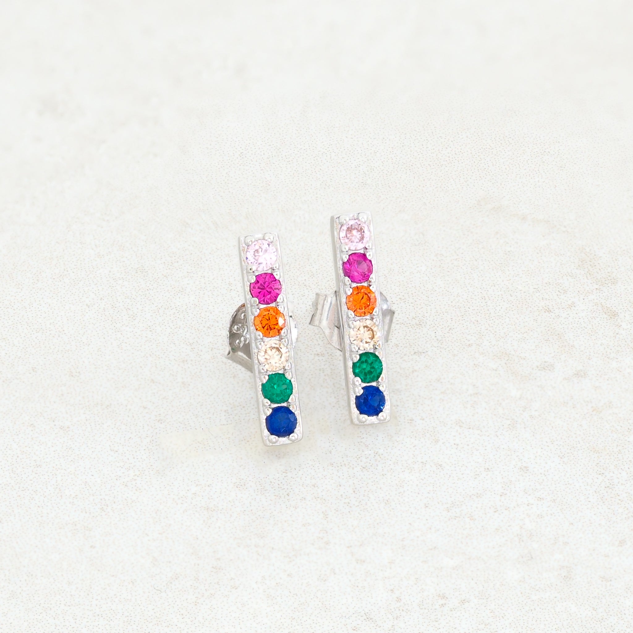 rainbow earrings, LGBT earrings, pride earrings, bar stud style, silver