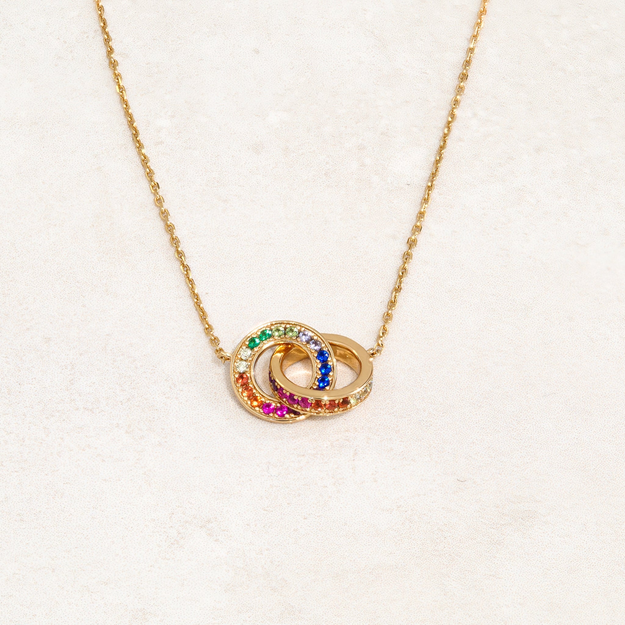 Rainbow Necklace featuring double ring elements and the colours of the rainbow LGBT pride flag, wide