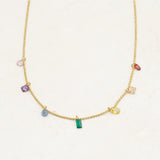 Rainbow pride necklace featuring droplets with colours from the rainbow pride flag, straight on