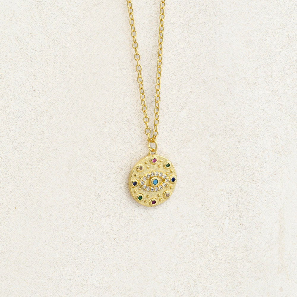 Evil eye and rainbow themed necklace as part of pride jewelry collection - front gold shot