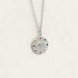 Evil eye and rainbow themed necklace as part of pride jewelry collection - side silver shot