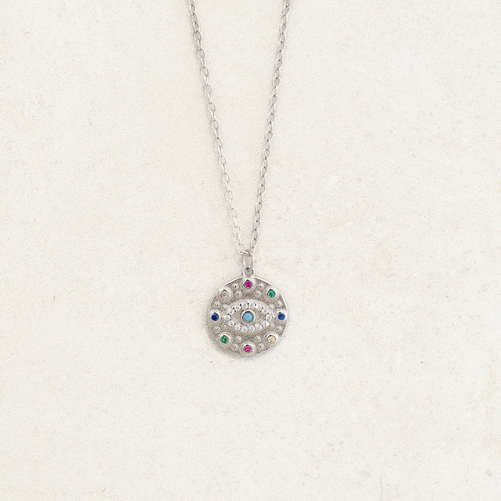 Evil eye and rainbow themed necklace as part of pride jewelry collection - front silver shot