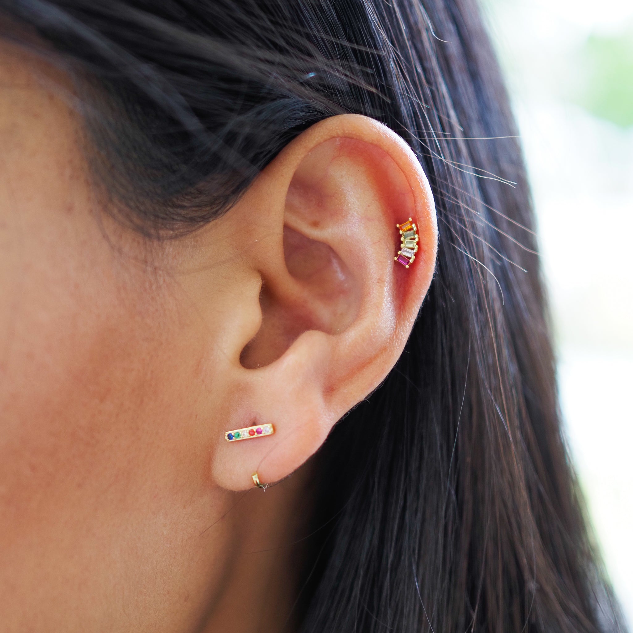 Rainbow Pride Huggie Earrings, Bar Design, gold model