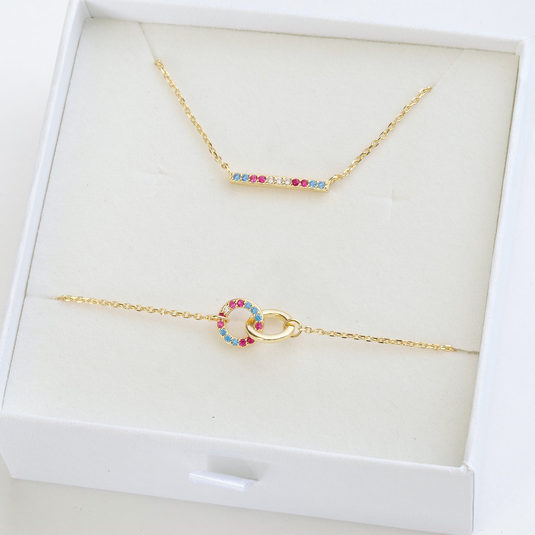transgender flag jewellery set with transgender necklace and transgender bracelet - gold