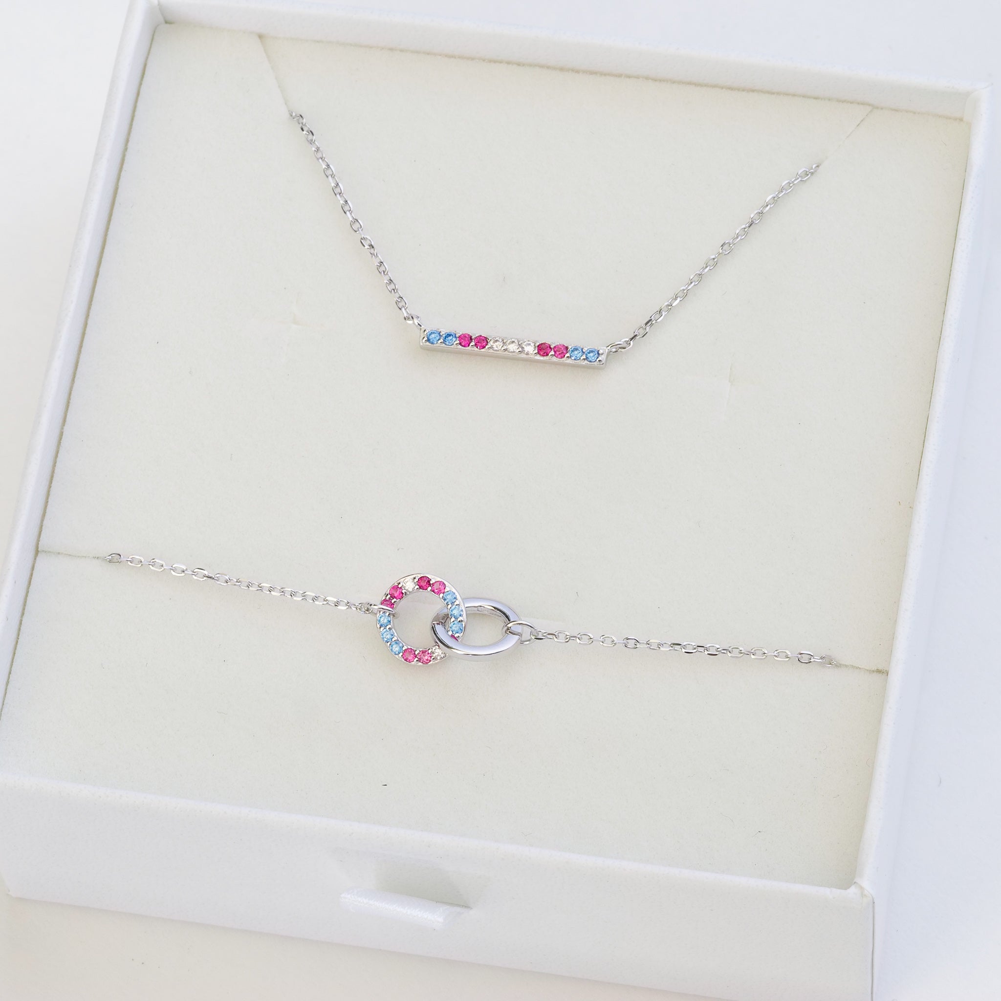 transgender flag jewellery set with transgender necklace and transgender bracelet - silver