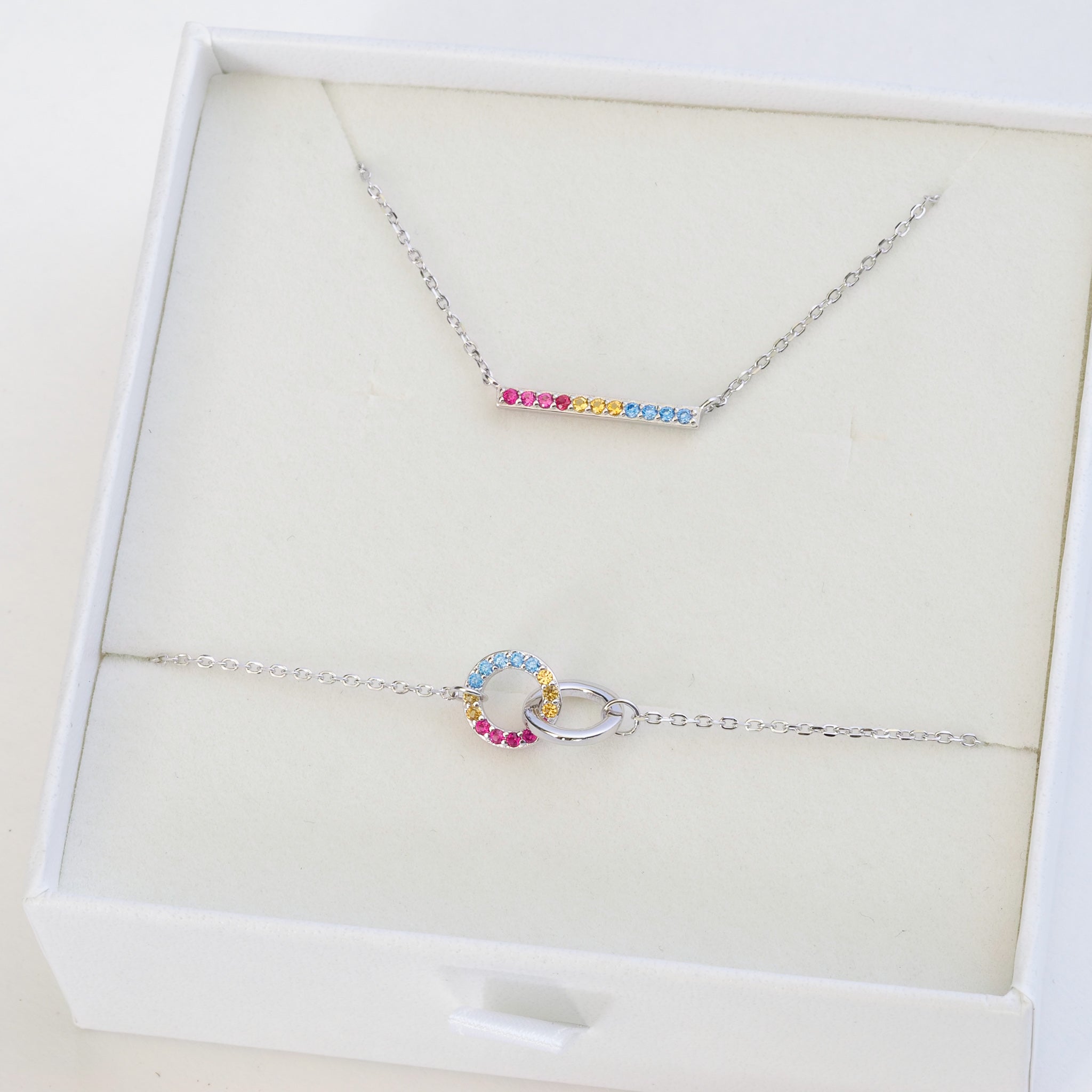 pansexual flag jewellery set with pansexual necklace and pansexual bracelet - silver