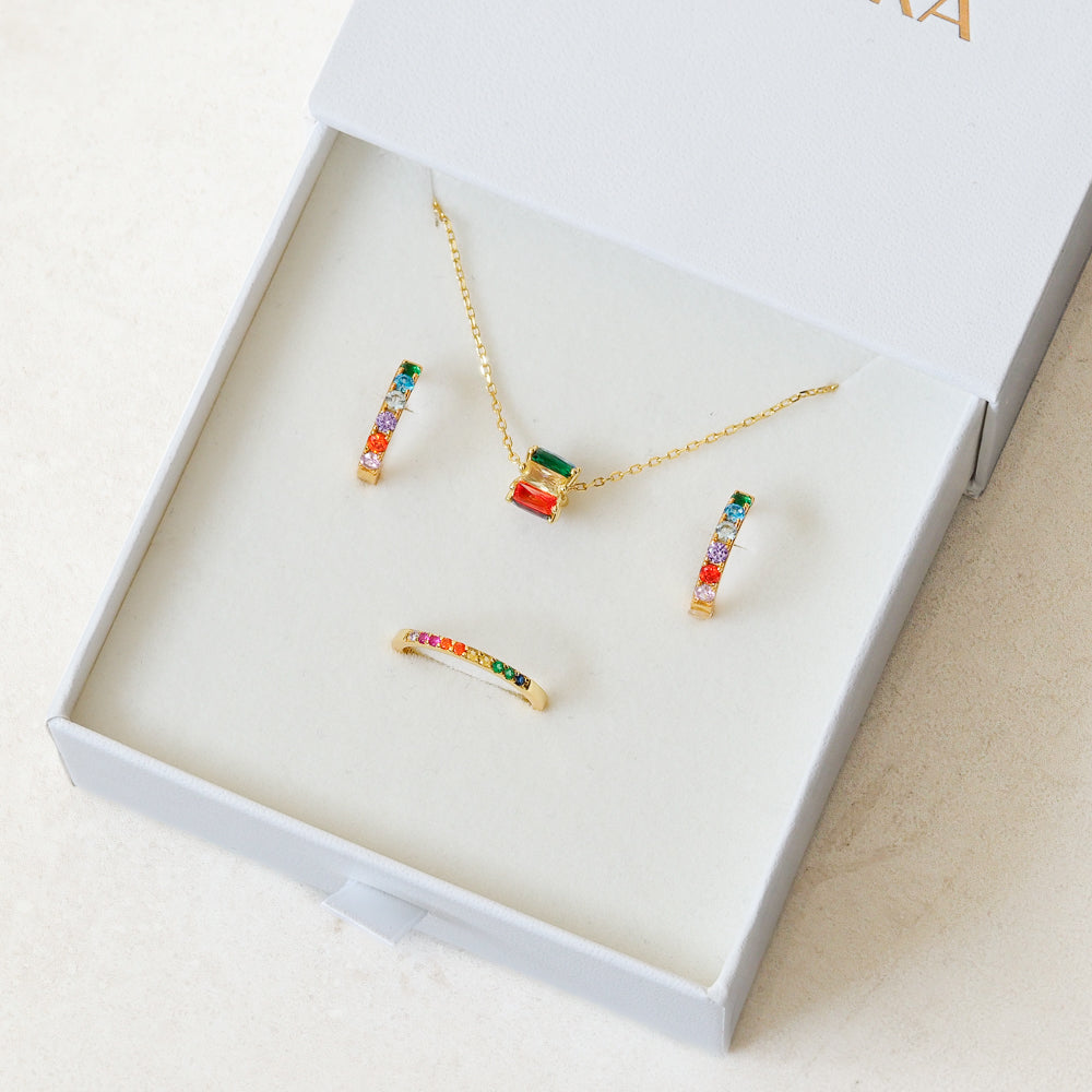 rainbow jewellery gift box pride jewellery gift, pride jewelry and LGBT jewellery gift wide gold